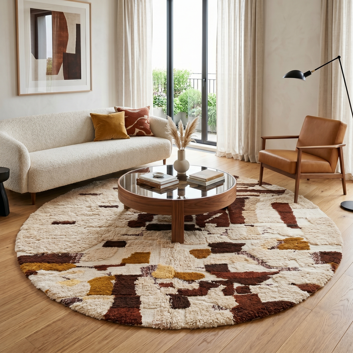 Round handmade Moroccan Berber rug in ivory and brown earth tones