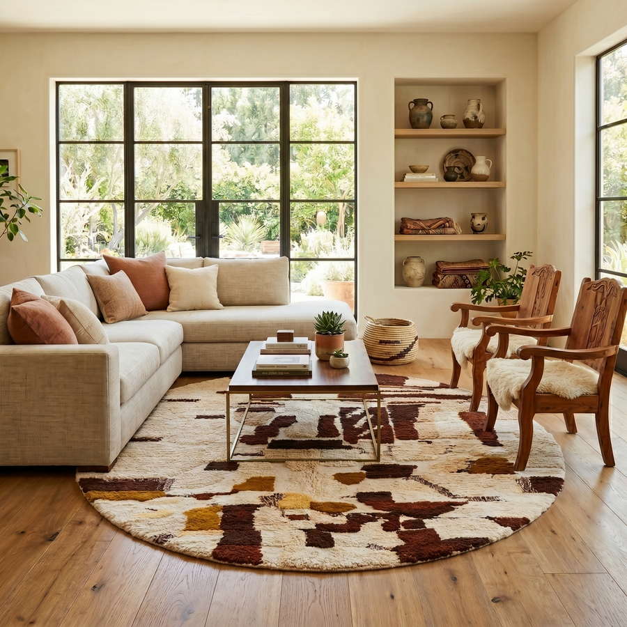 Round handmade Moroccan Berber rug in ivory and brown earth tones