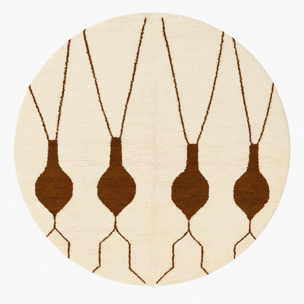 Round Moroccan Berber Rug – White Wool with Brown Hanging Motifs