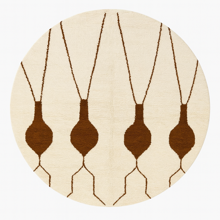 Round Moroccan Berber Rug – White Wool with Brown Hanging Motifs