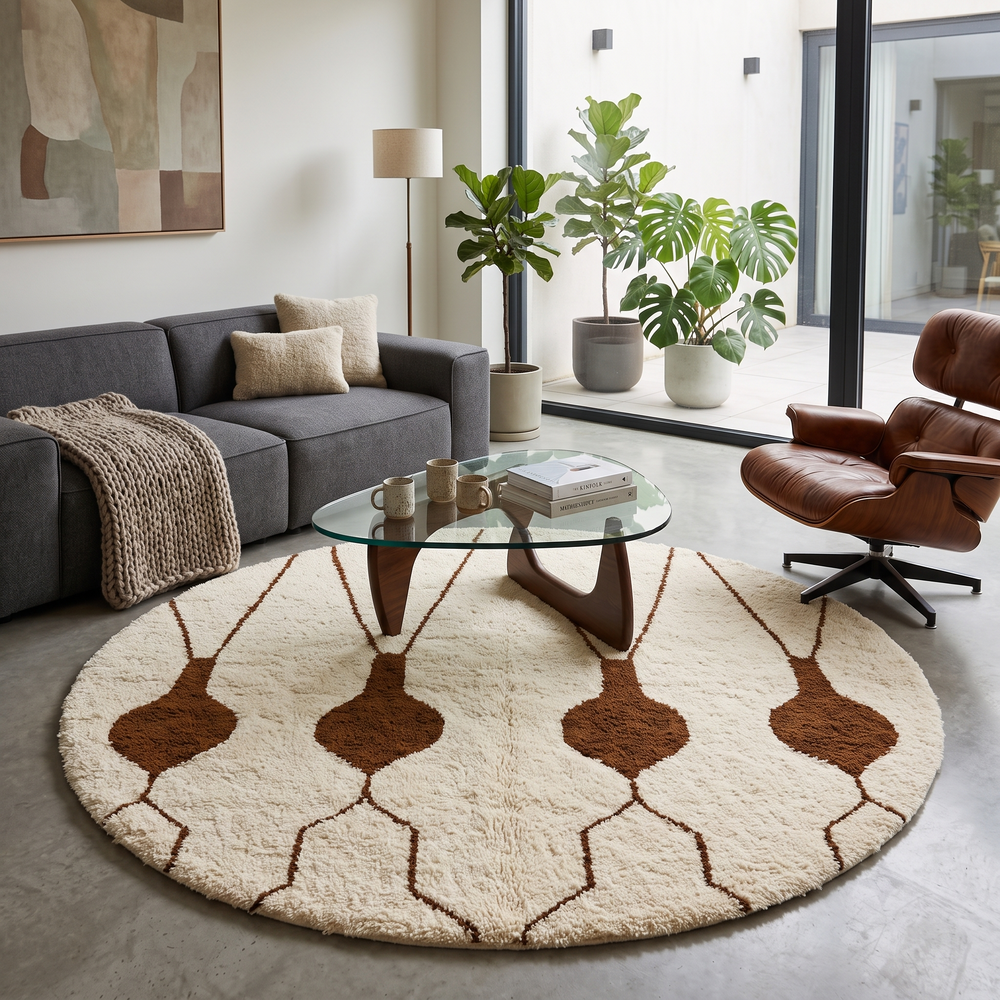 Round Moroccan Berber rug with white wool base and brown hanging geometric motifs, handmade wool carpet