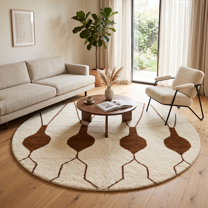 Round Moroccan Berber rug with white wool base and brown hanging geometric motifs, handmade wool carpet