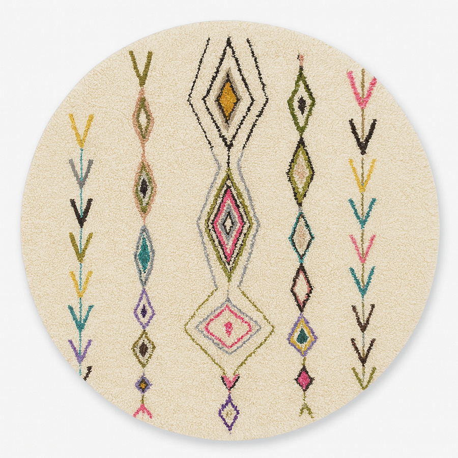 Round Moroccan Berber rug with white wool base and colorful tribal diamond motifs, handmade wool carpet
