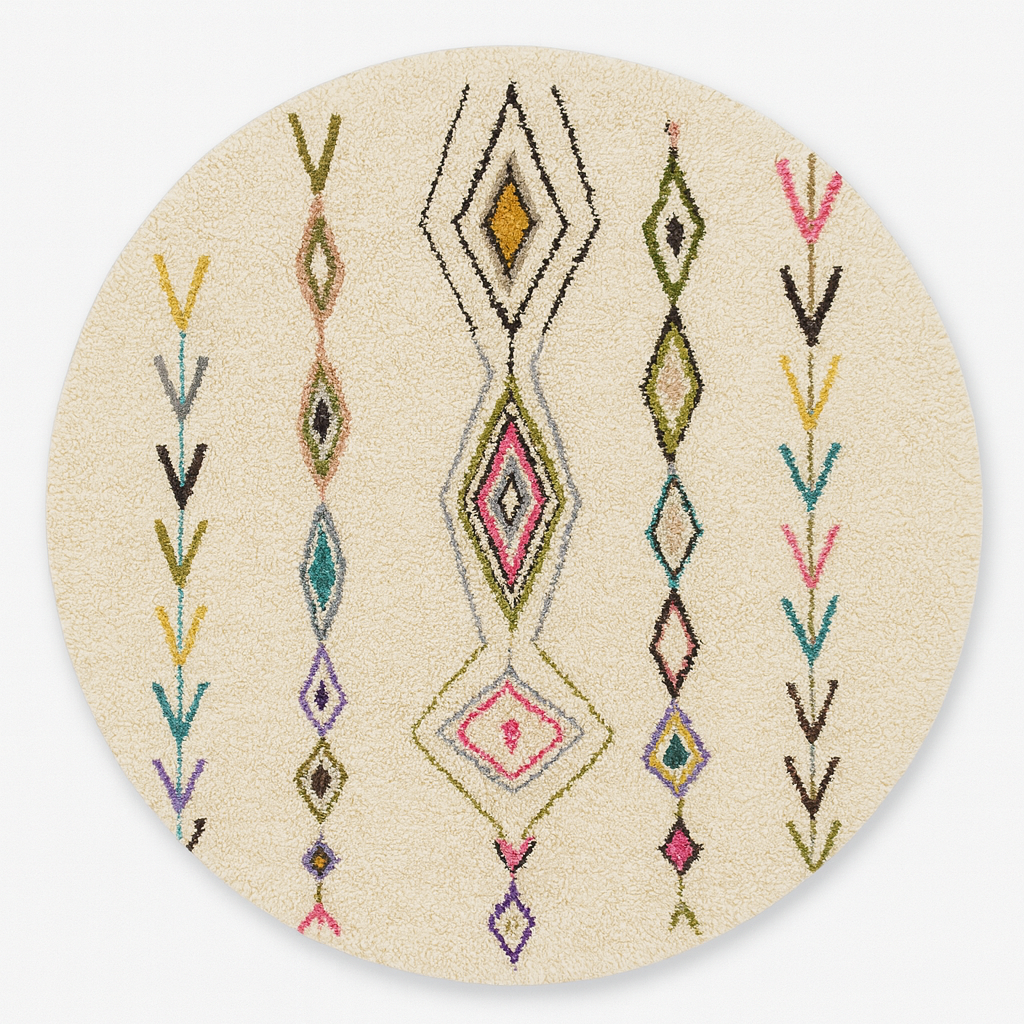Round Moroccan Berber rug with white wool base and colorful tribal diamond motifs, handmade wool carpet