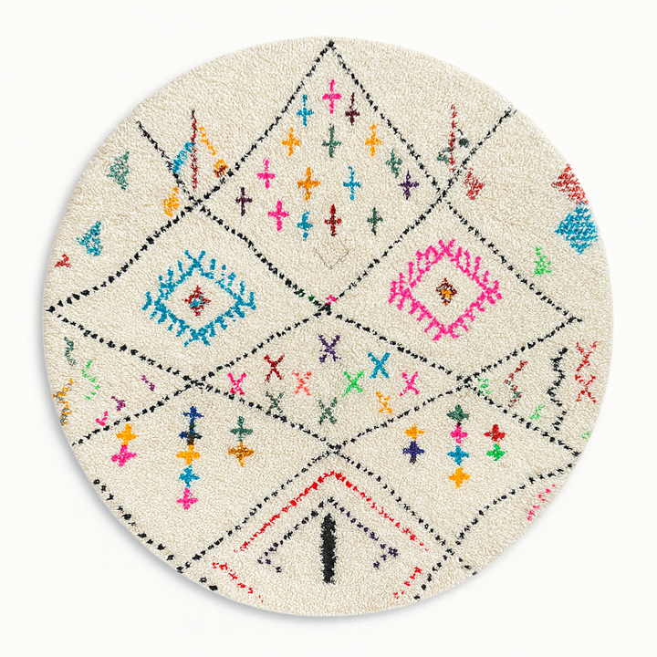 Round Moroccan Berber wool rug with colorful geometric patterns
