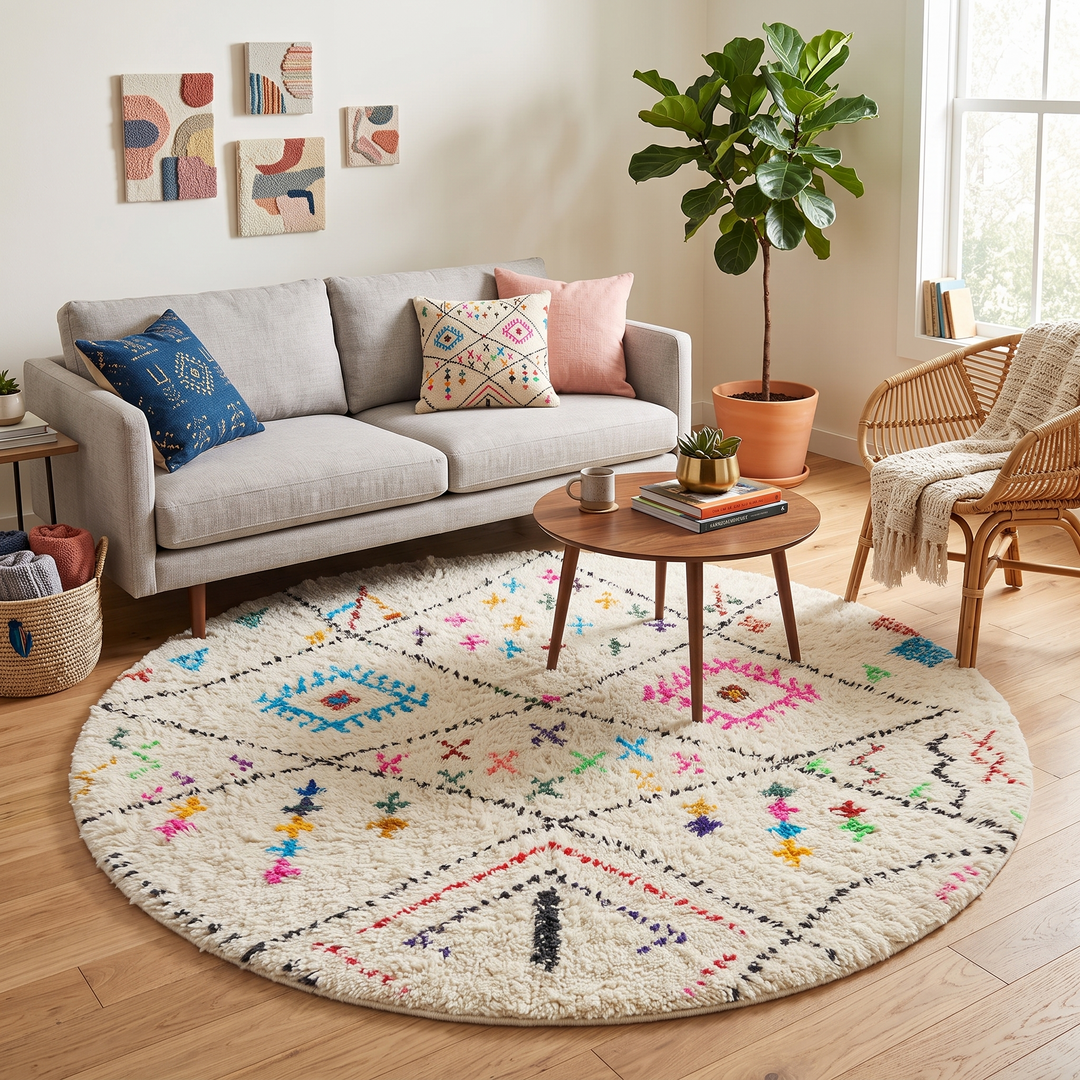 Round Moroccan Berber wool rug with colorful geometric patterns