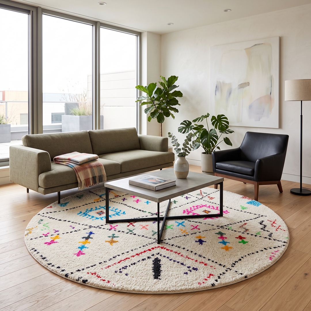 Round Moroccan Berber wool rug with colorful geometric patterns