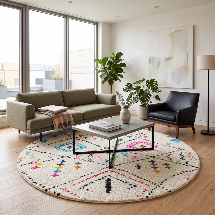 Round Moroccan Berber wool rug with colorful geometric patterns