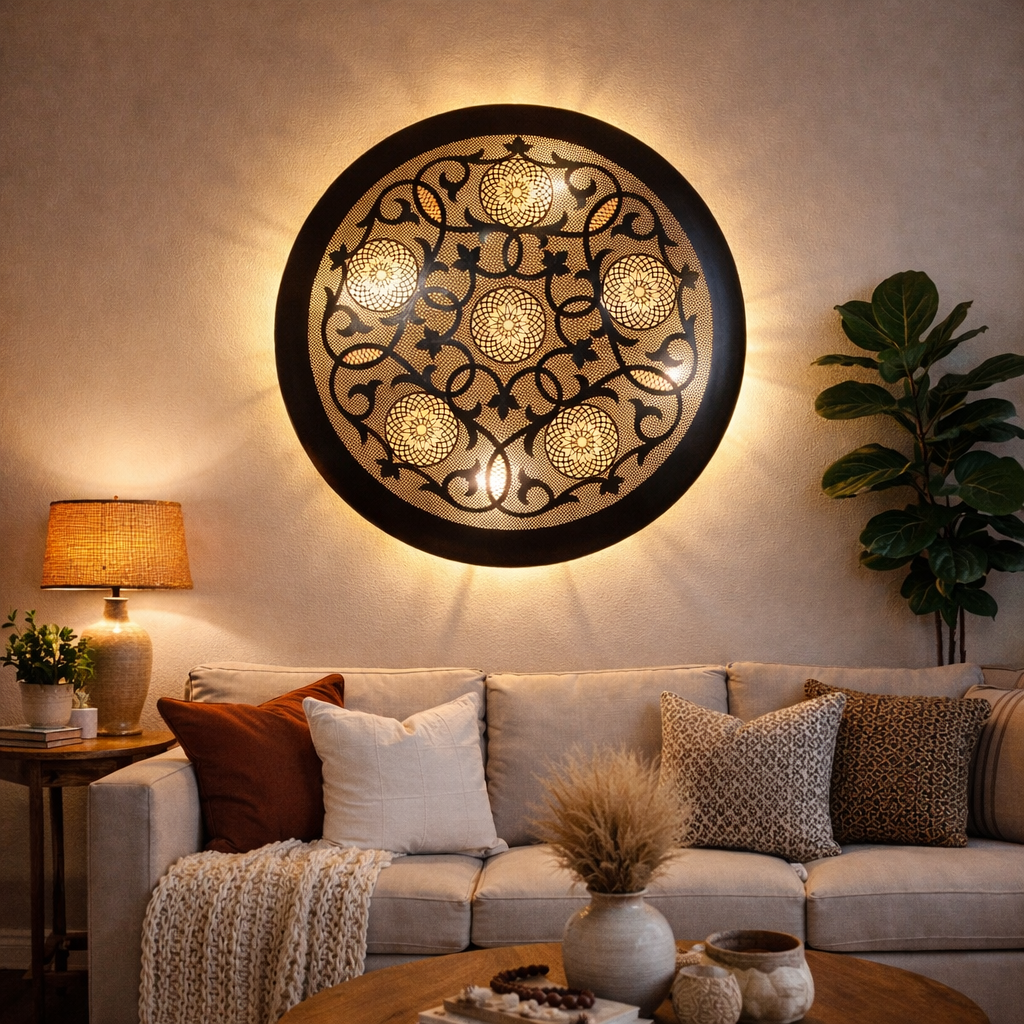 Round Moroccan Brass Wall Light – Handmade Pierced Wall Sconce