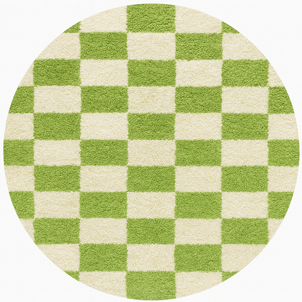 Round Moroccan wool rug with green and white checkered pattern, handmade plush checkerboard carpet