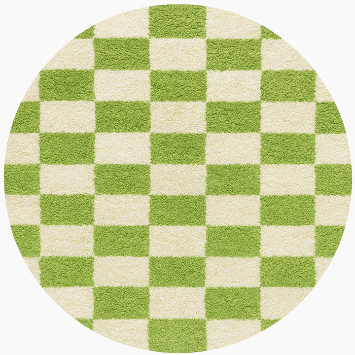 Round Moroccan wool rug with green and white checkered pattern, handmade plush checkerboard carpet