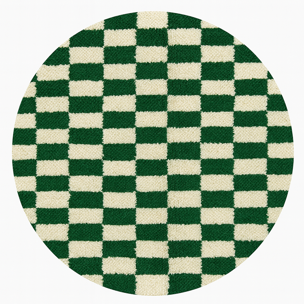 Round Moroccan wool rug with green and white checkerboard design, handmade checkered carpet