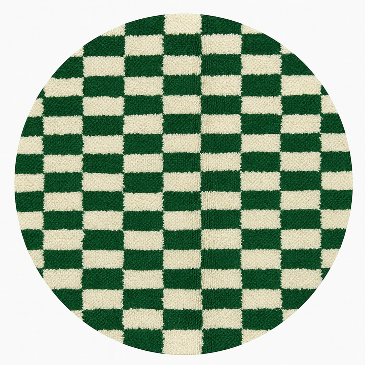 Round Moroccan wool rug with green and white checkerboard design, handmade checkered carpet