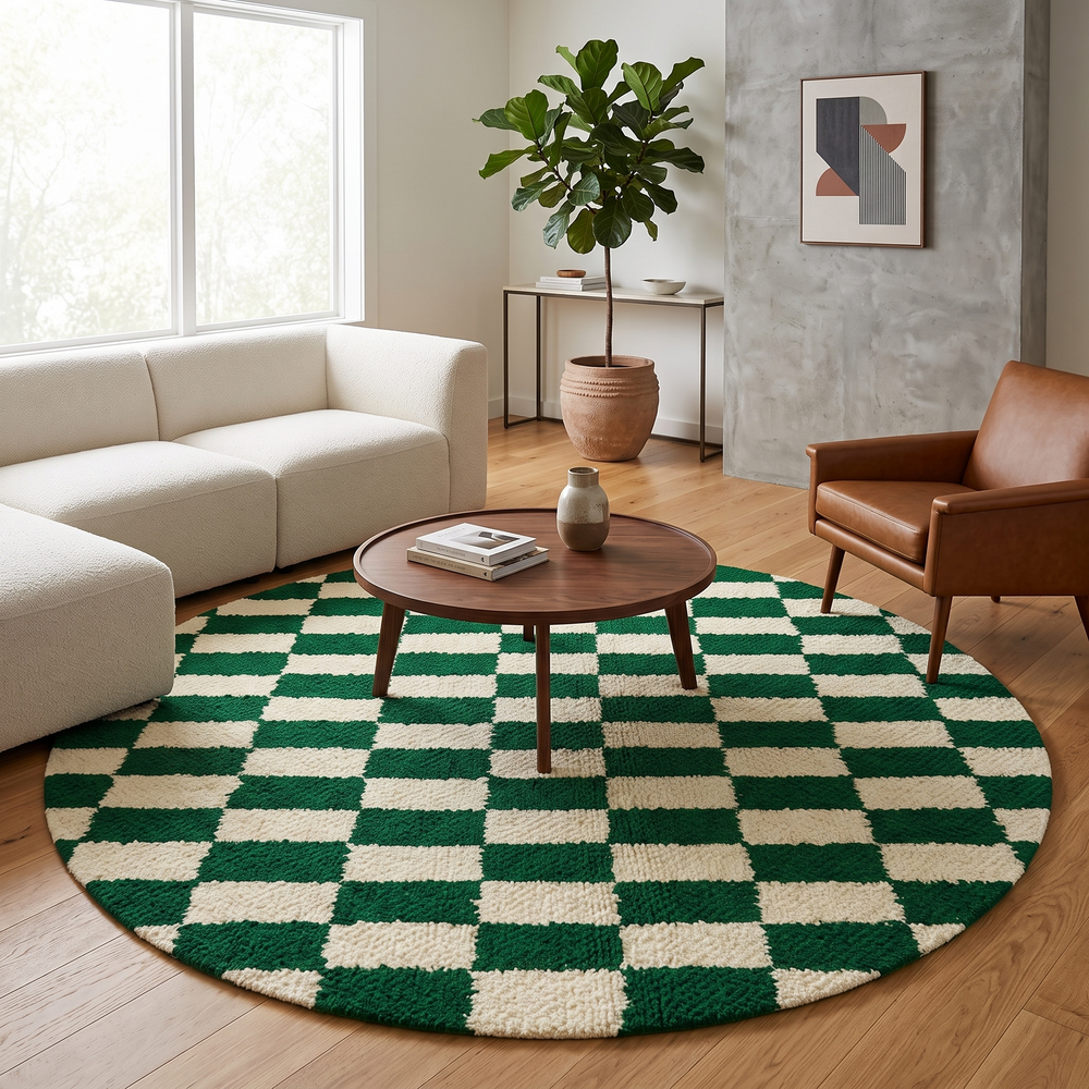 Round Moroccan wool rug with green and white checkerboard design, handmade checkered carpet