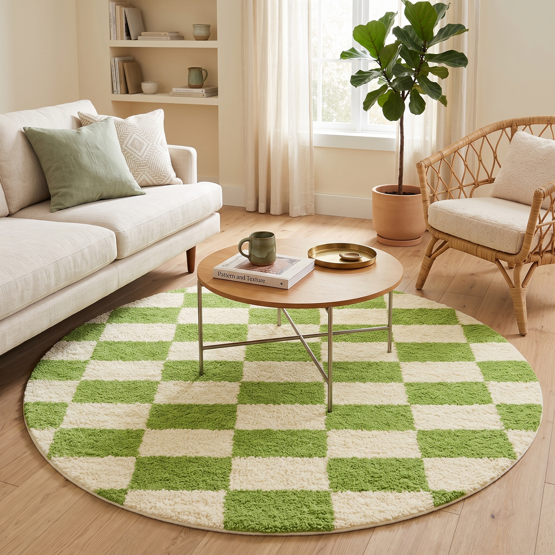 Round Moroccan wool rug with green and white checkered pattern, handmade plush checkerboard carpet