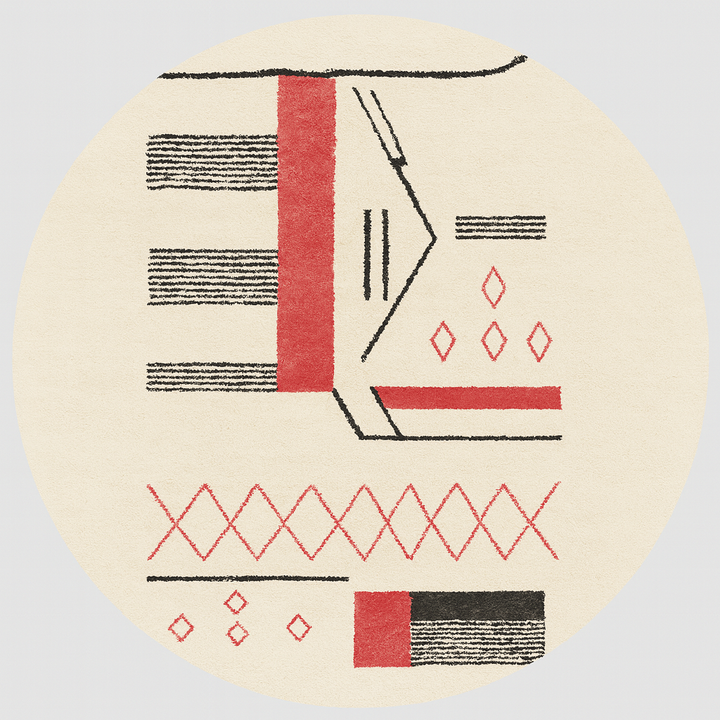 Round Moroccan rug with red and black geometric Berber motifs on a white wool base