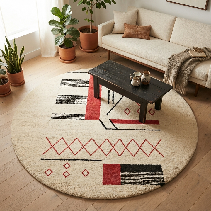 Round Moroccan rug with red and black geometric Berber motifs on a white wool base