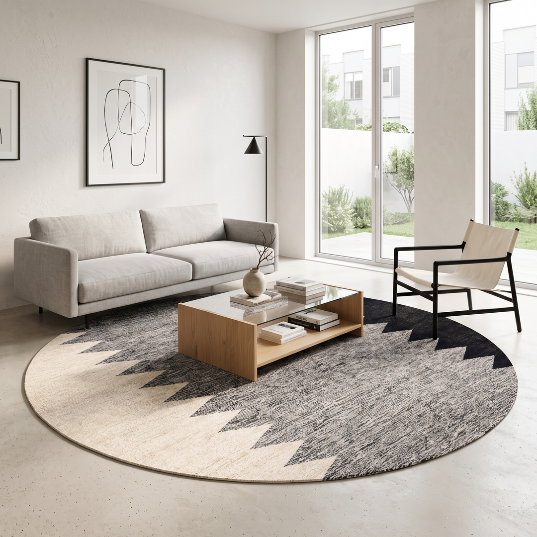 Handmade round Moroccan kilim rug with flatweave construction, featuring a black, and white zigzag geometric pattern.