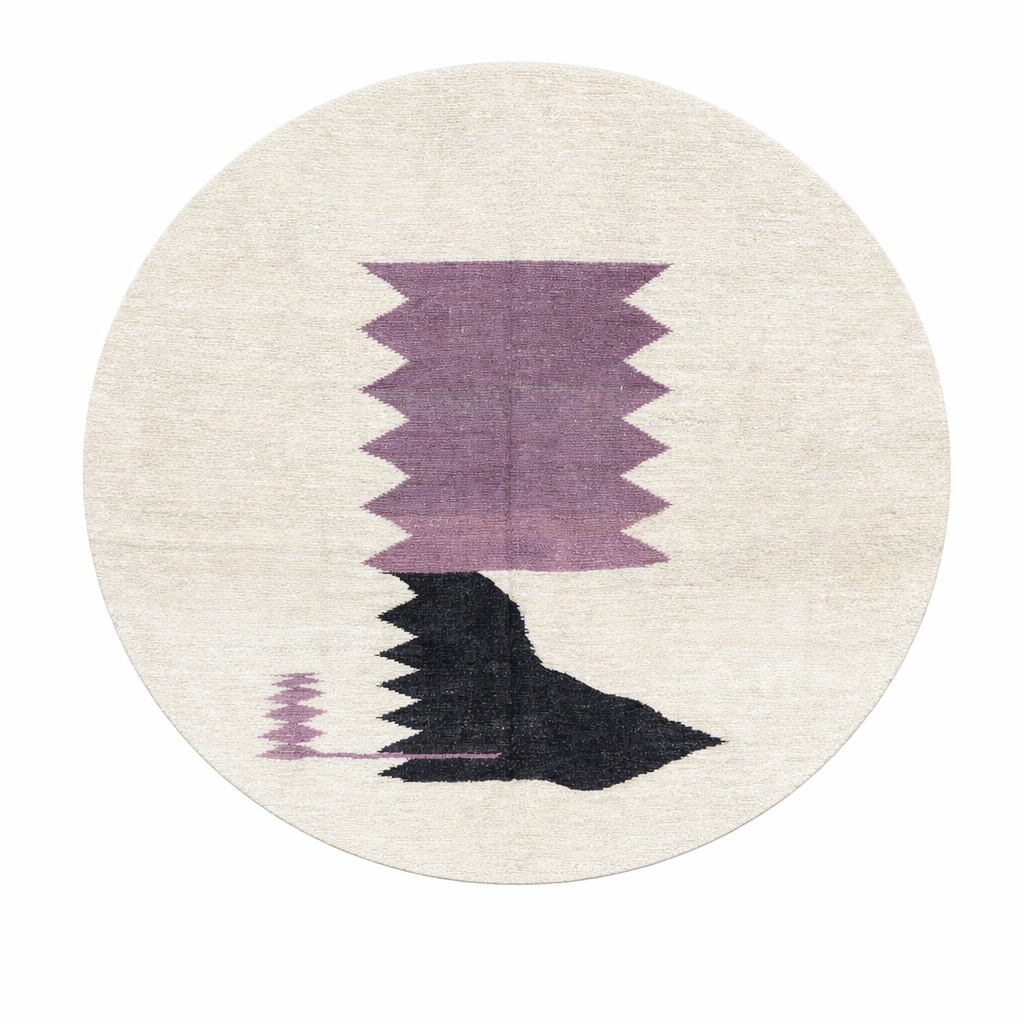 Handmade round Moroccan kilim rug with flatweave design, featuring an white wool base with abstract purple zigzag and black geometric motif.