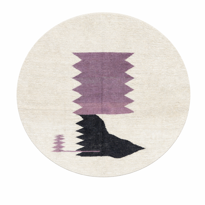 Handmade round Moroccan kilim rug with flatweave design, featuring an white wool base with abstract purple zigzag and black geometric motif.