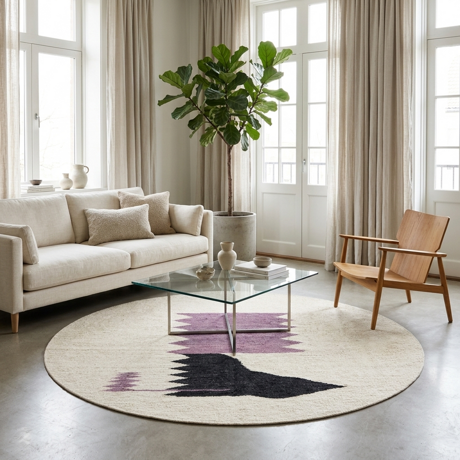 Handmade round Moroccan kilim rug with flatweave design, featuring an white wool base with abstract purple zigzag and black geometric motif.