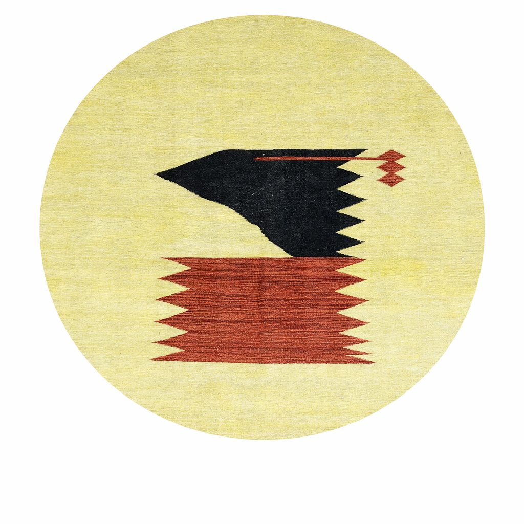 Handmade round Moroccan kilim rug with flatweave construction, featuring a warm yellow base and a minimalist abstract motif in black and rust tones.