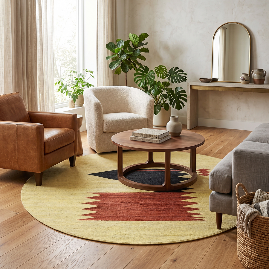 Handmade round Moroccan kilim rug with flatweave construction, featuring a warm yellow base and a minimalist abstract motif in black and rust tones.