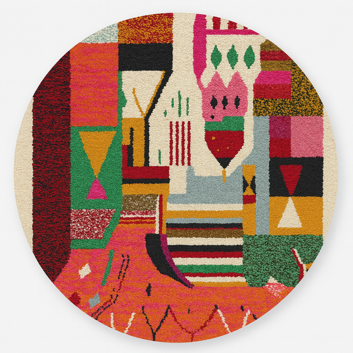 Round Moroccan rug with colorful abstract Berber design in red, pink, green, mustard, black, and cream, handmade wool carpet
