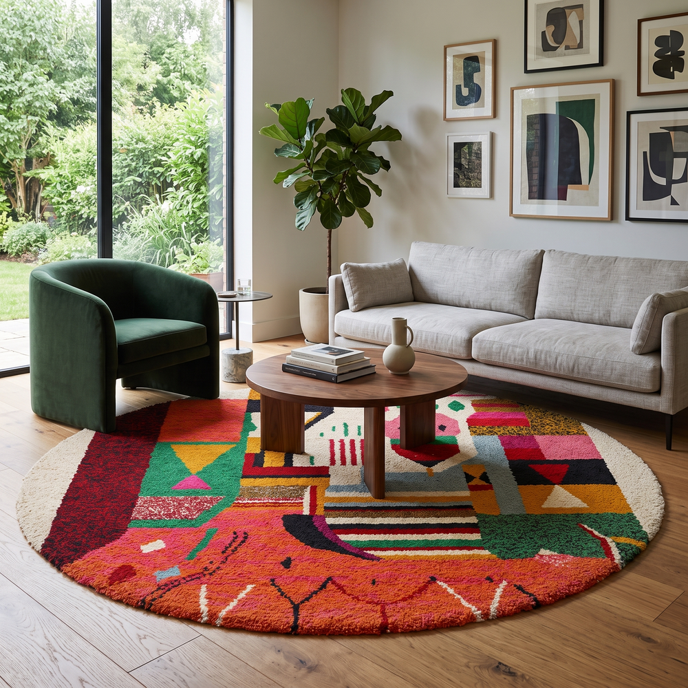 Round Moroccan rug with colorful abstract Berber design in red, pink, green, mustard, black, and cream, handmade wool carpet