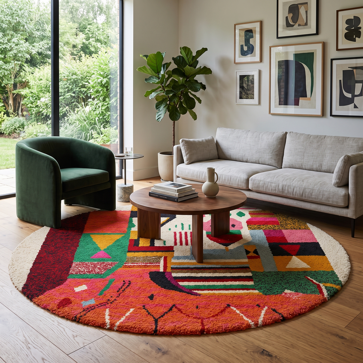 Round Moroccan rug with colorful abstract Berber design in red, pink, green, mustard, black, and cream, handmade wool carpet