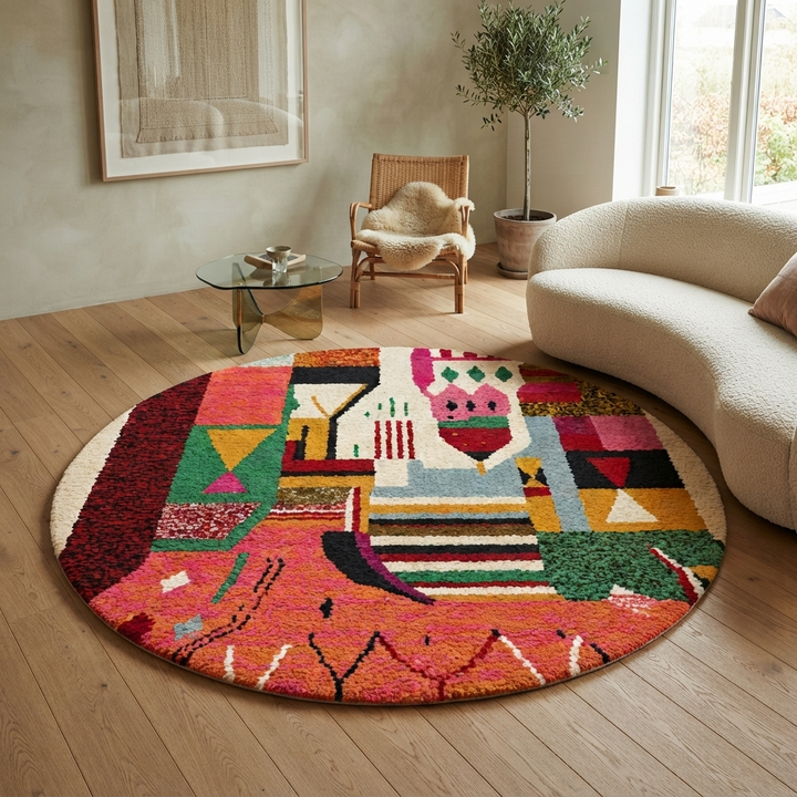 Round Moroccan rug with colorful abstract Berber design in red, pink, green, mustard, black, and cream, handmade wool carpet
