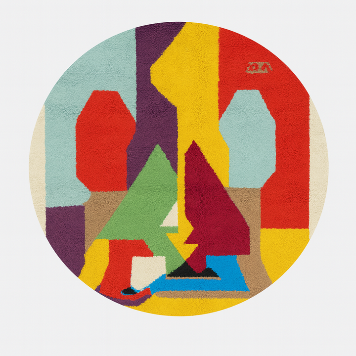 Round colorful Moroccan wool rug with abstract geometric shapes in red, yellow, blue, green, purple, and white