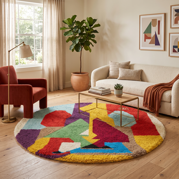 Round colorful Moroccan wool rug with abstract geometric shapes in red, yellow, blue, green, purple, and white