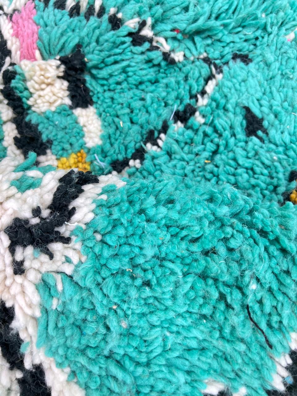 Handmade turquoise Moroccan round rug with modern abstract Berber design