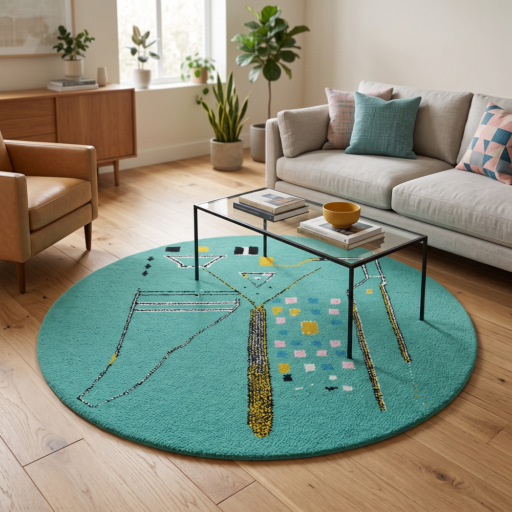 Handmade turquoise Moroccan round rug with modern abstract Berber design