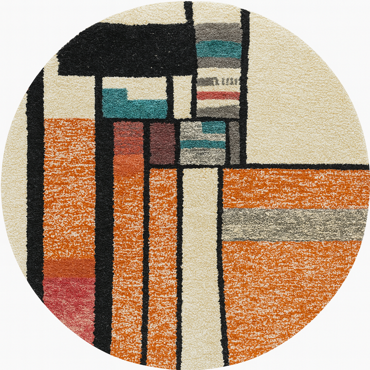Round Moroccan rug with modern abstract geometric pattern in orange, white, black, teal, grey and rust tones, handmade wool design