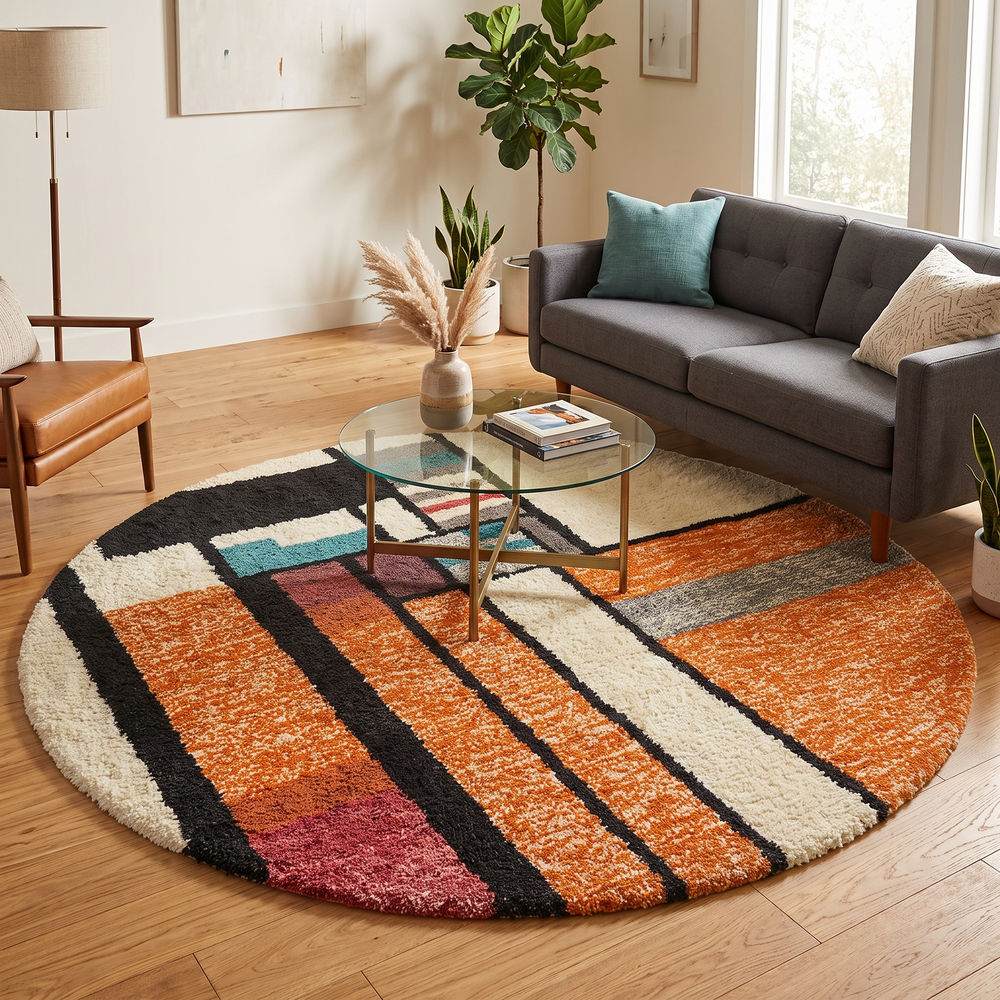 Round Moroccan rug with modern abstract geometric pattern in orange, white, black, teal, grey and rust tones, handmade wool design