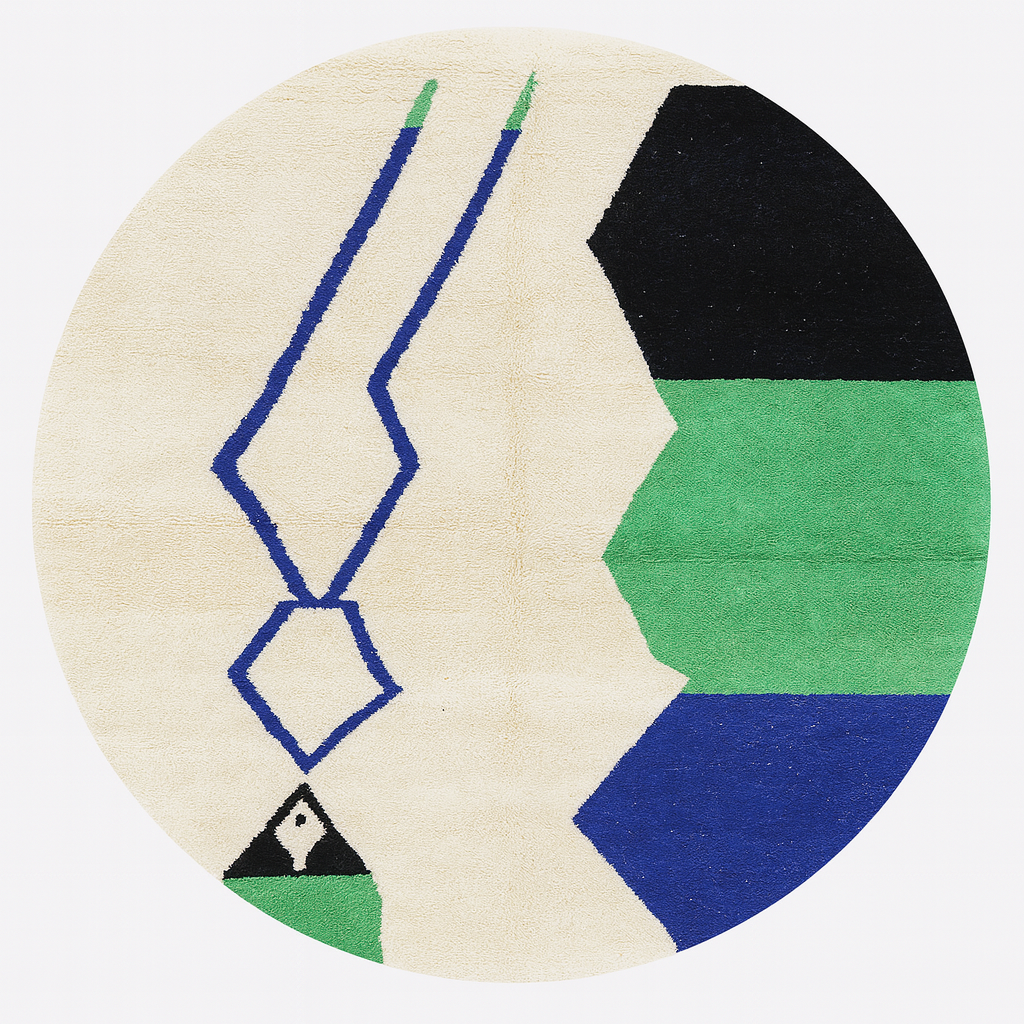 Round Moroccan rug with white wool base and abstract blue, green, and black motifs, handmade geometric carpet