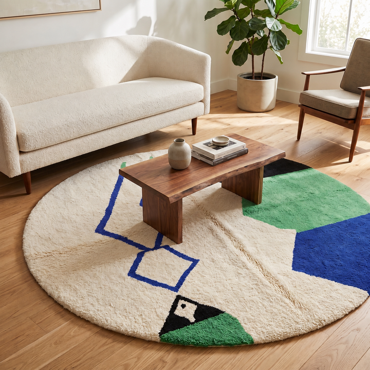 Round Moroccan rug with white wool base and abstract blue, green, and black motifs, handmade geometric carpet