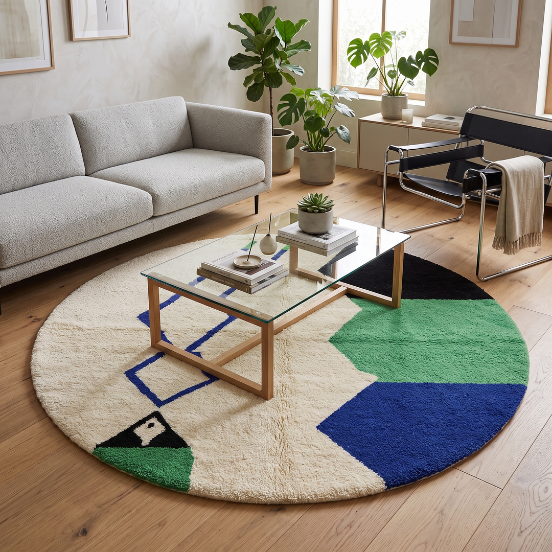 Round Moroccan rug with white wool base and abstract blue, green, and black motifs, handmade geometric carpet