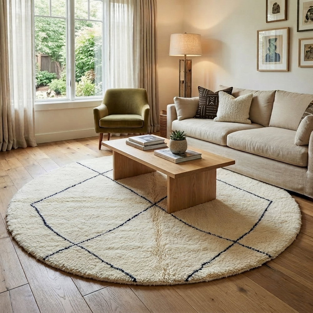 Round Moroccan wool rug in natural ivory with a minimalist black diamond lattice pattern, handwoven in a soft.