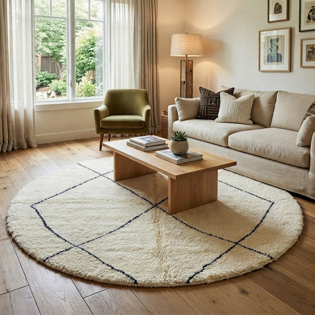 Round Moroccan wool rug in natural ivory with a minimalist black diamond lattice pattern, handwoven in a soft.
