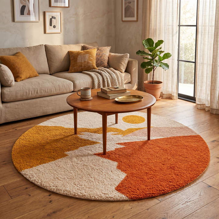 Round Moroccan Wool Rug, Handmade Berber Area Rug, Abstract Desert Landscape Rug, Modern Moroccan Round Carpet, Plush Handwoven Wool Rug for Living Room and Bedroom Decor.