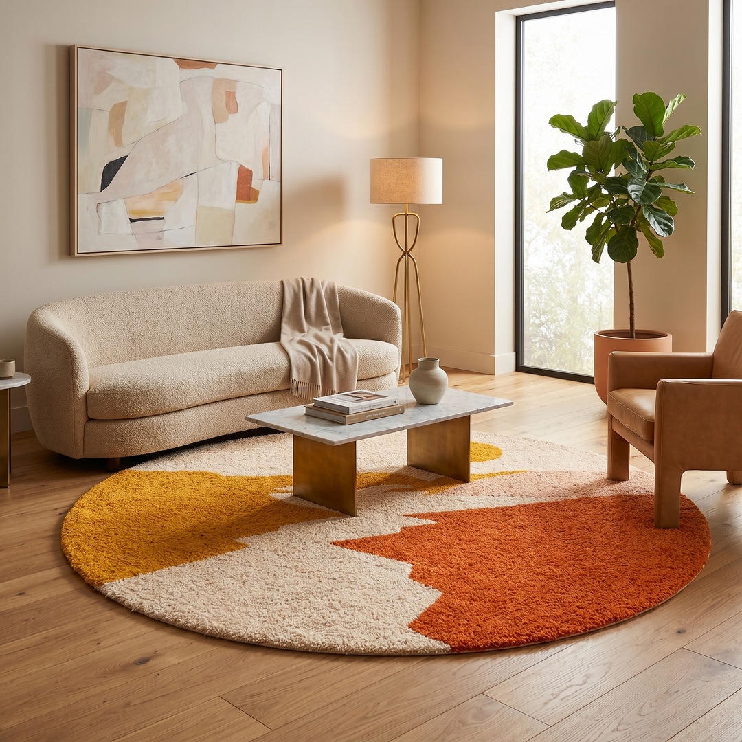 Round Moroccan Wool Rug, Handmade Berber Area Rug, Abstract Desert Landscape Rug, Modern Moroccan Round Carpet, Plush Handwoven Wool Rug for Living Room and Bedroom Decor.