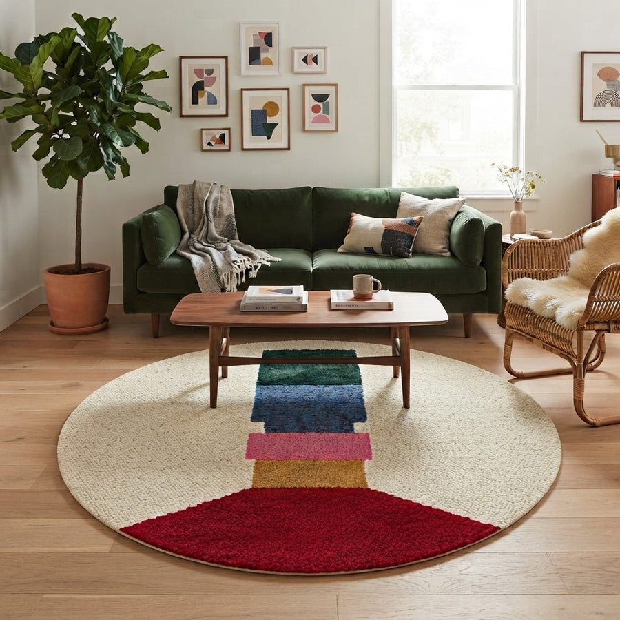 Round Moroccan wool rug with abstract vertical design