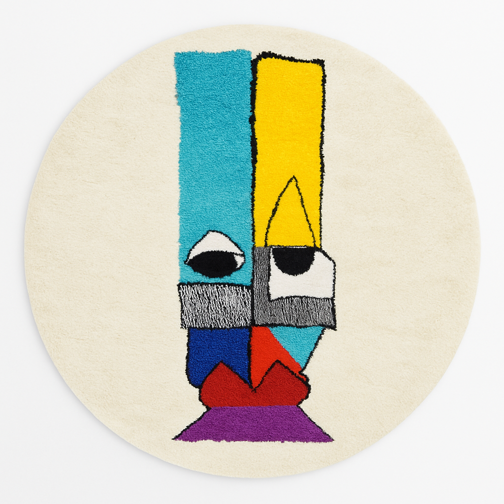 Colorful round Moroccan rug with symbolic Berber design