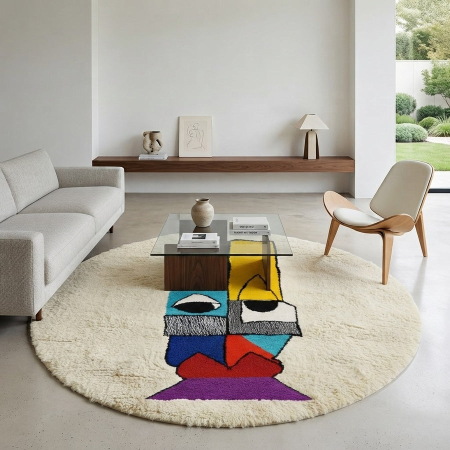 Colorful round Moroccan rug with symbolic Berber design