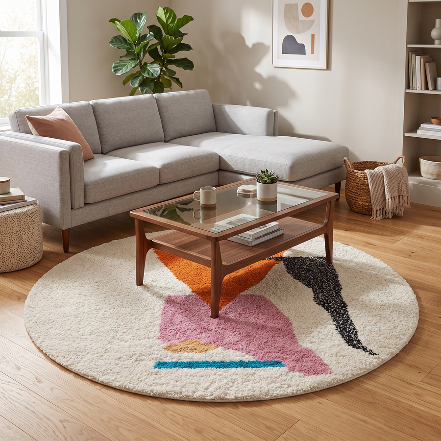 Handmade round Moroccan wool rug with abstract modern design on an white base, featuring orange, black, pink, teal, and beige shapes.