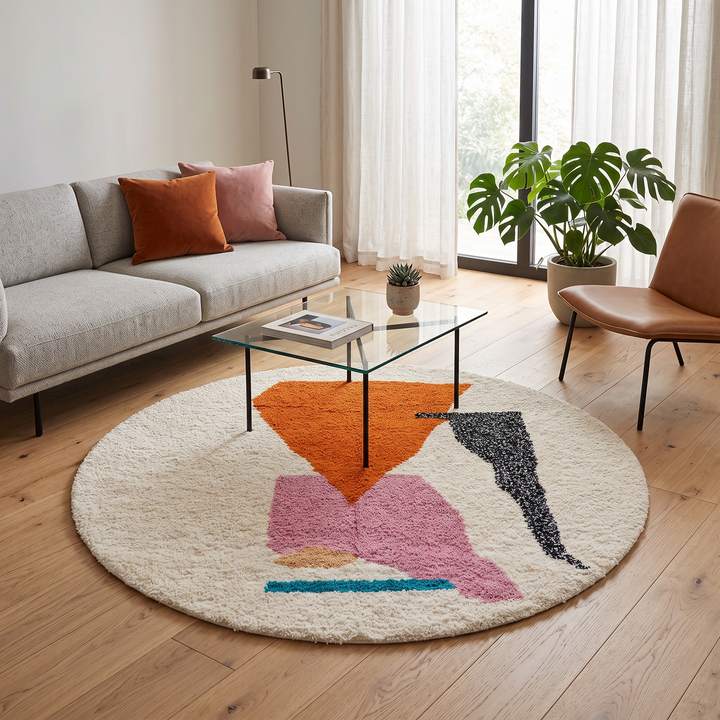 Handmade round Moroccan wool rug with abstract modern design on an white base, featuring orange, black, pink, teal, and beige shapes.