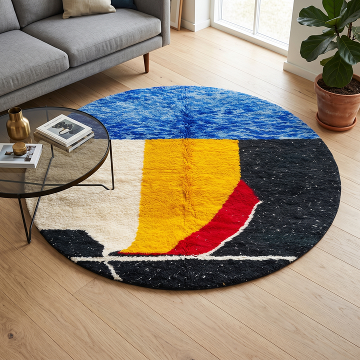 Handmade round Moroccan wool rug with abstract color-block design in blue, cream, yellow, black, and red, featuring a soft shag texture.